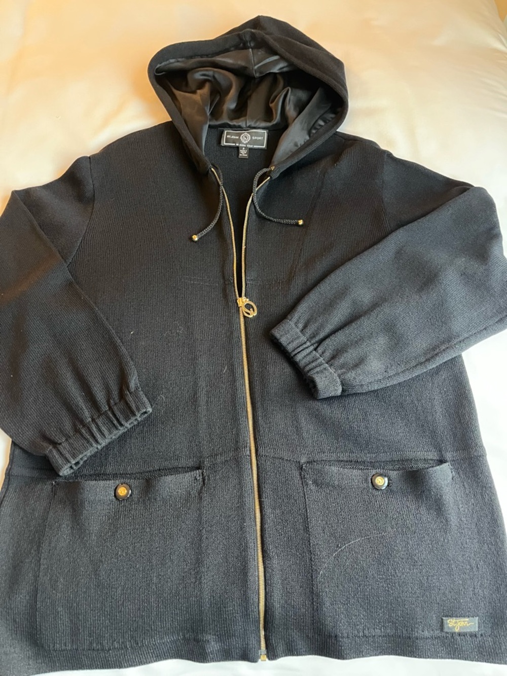 St. John Sport Black Hooded Full Zip Jacket Women's Logo Pockets